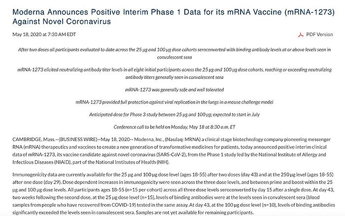 モデルナが開発したワクチン候補「mRNA-1273」の「第1相試験」結果に関するプレスリリースの一部(モデルナ提供)