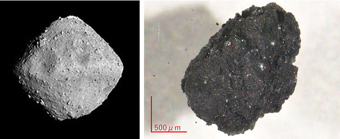(左)はやぶさ2が撮影したリュウグウ(JAXA、東京大学など提供)。(右)人工クレーターを作成し採取して得られた試料の一つ。長径2.1ミリ、重さ2ミリグラム(JAXA提供)