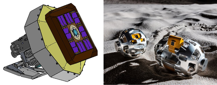 小型ロボット。左の「レブ1」は飛び跳ねるなどして移動する(想像図=JAXA、中央大学、東京農工大学提供)、右の「レブ2」は変形して2輪で走るタイプで、2体写っているが今回は1体(写真は検証用機体。JAXA、タカラトミー、ソニーグループ、同志社大学提供)