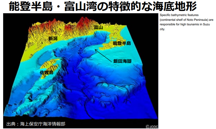 能登半島と富山湾周辺の特徴的な海底地形(東北大学災害科学国際研究所/海上保安庁提供)