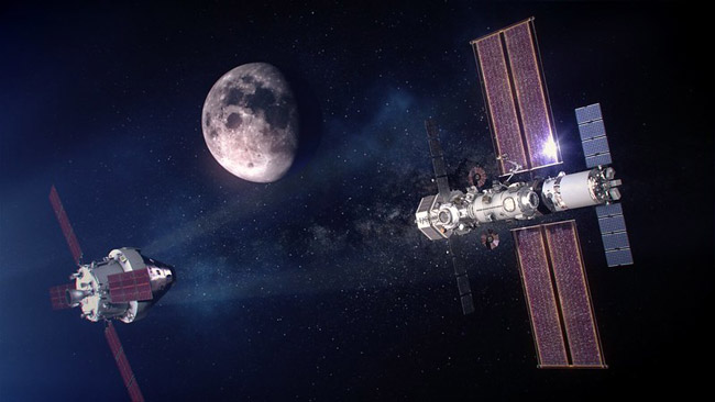 ゲートウェー(右)と、地球との往復に使う有人宇宙船の想像図(NASA、アルベルト・ベルトリン氏提供)