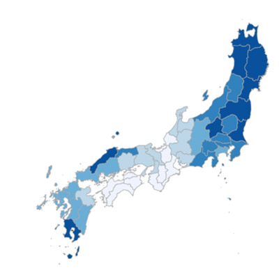 都府県別「縄文人度合」。色が濃いほど度合いが高いことを示す(東京大学の研究グループ提供)
