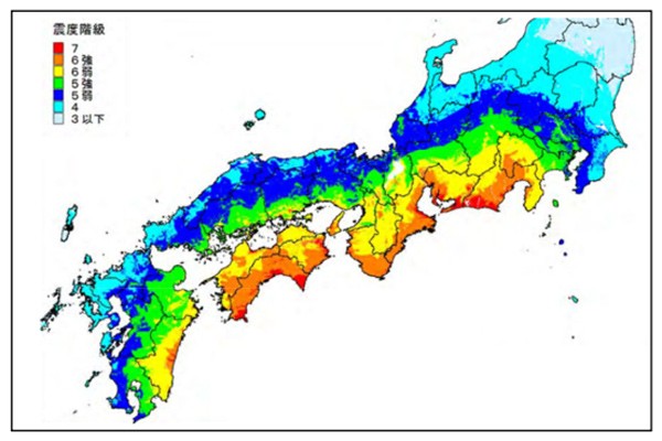 南海トラフ巨大地震で想定される各地の最大クラスの震度分布(気象庁提供)