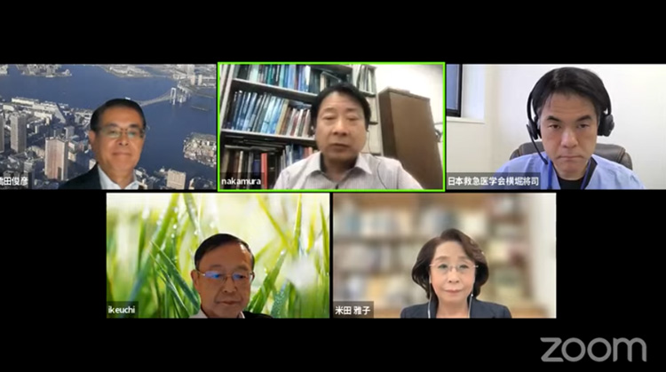 防災学術連携体のオンライン速報会に登壇した上段左から橋田俊彦氏、中村尚氏、横堀将司氏。下段左から池内幸司氏、米田雅子氏(防災学術連携体のオンライン速報会から)