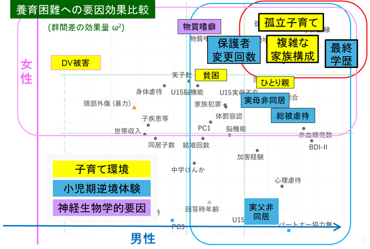 養育が困難となり受刑者になった人々への調査から、社会的・家庭環境の要因がどのように影響を与えているかを男女別で可視化した表(黒田さん提供)