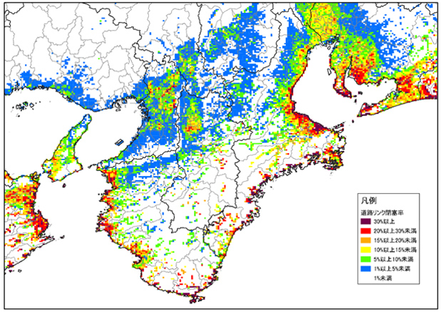 南海トラフ巨大地震で想定される道路が通行不能になる率(閉塞率)の地図。地震発生領域が陸側のケースなどを想定(内閣府提供)